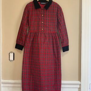Vintage Lands’ End Girls Red Plaid Corduroy Maxi Dress 6X Black Velvet Collar